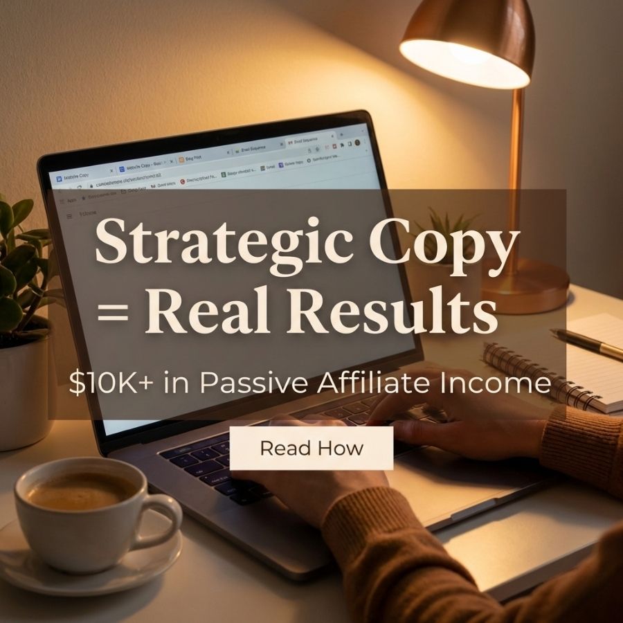 A person types on a laptop at a desk with a cup of coffee, notebook, pen, and lamp. Overlaid text reads: “Strategic Copy = Real Results. $10K+ in Passive Affiliate Income. Read How.”. | stresslessdigitalmarketingagency.com