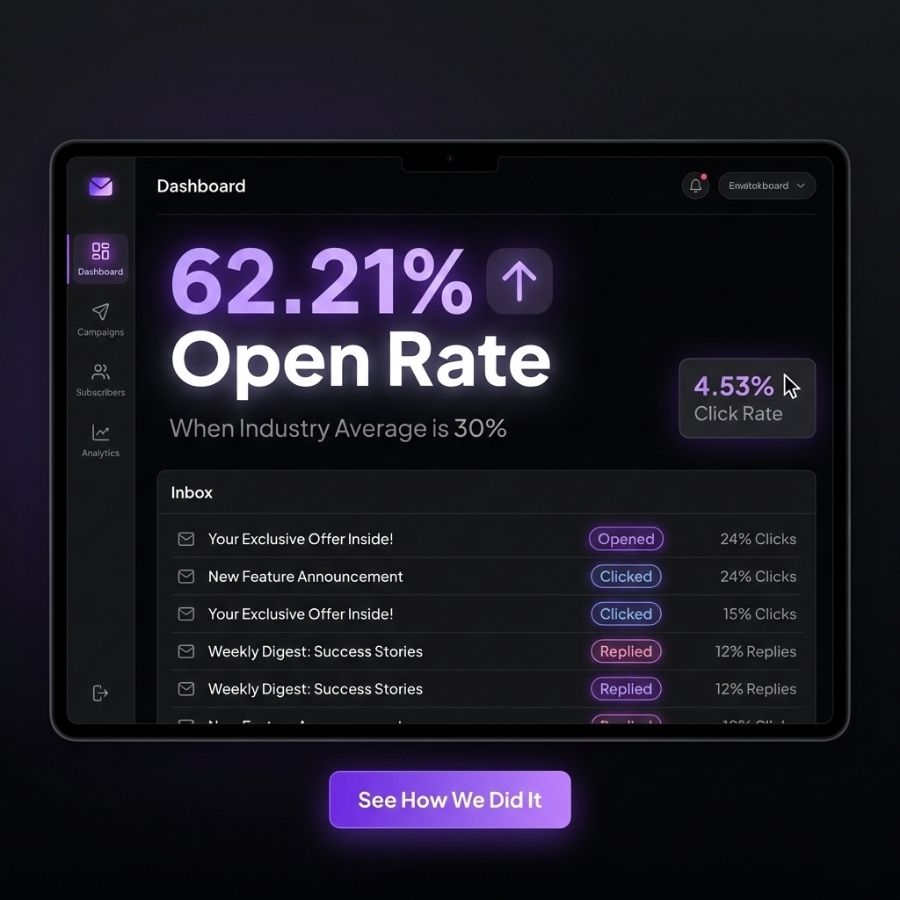 A digital dashboard displays a 62.21% open rate, surpassing the 30% industry average, and a 4.53% click rate. Below are email subject lines with metrics like Opened, Clicked, and reply rates. A See How We Did It button is at the bottom. | stresslessdigitalmarketingagency.com