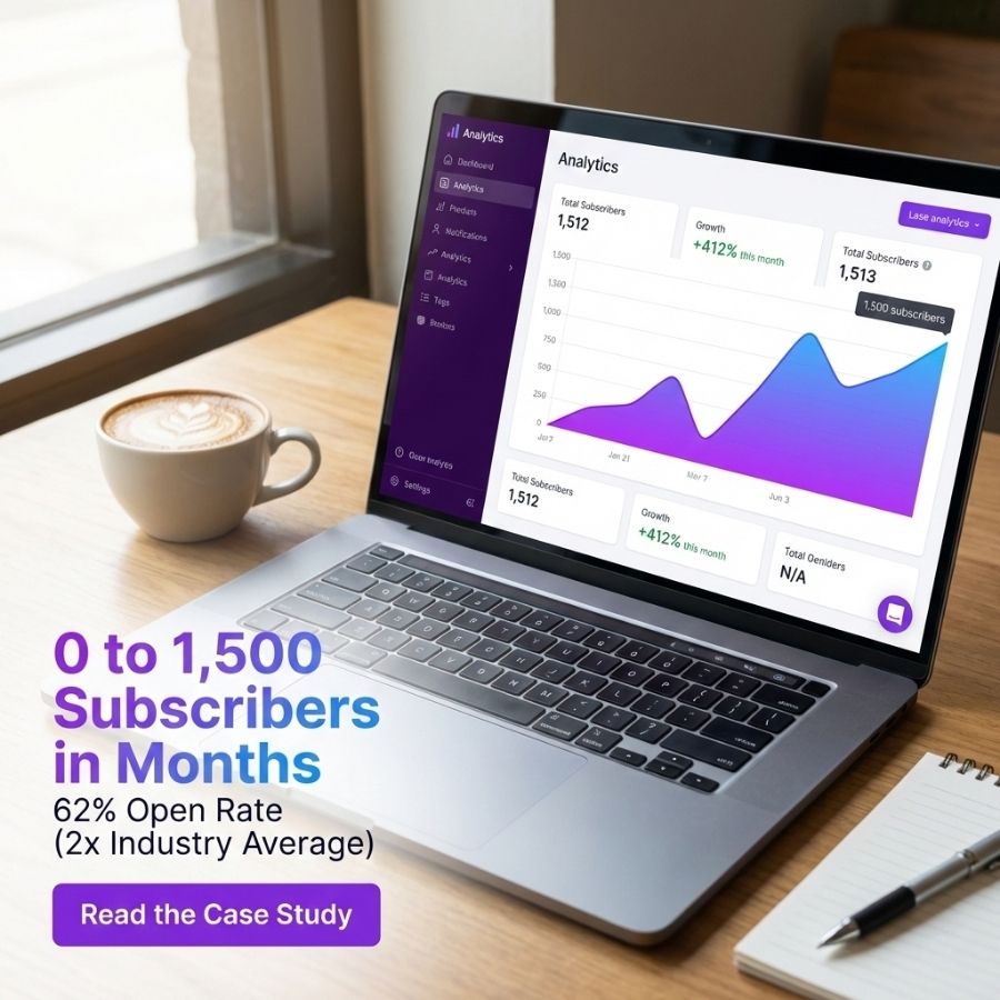 A laptop on a desk displays analytics with a rising graph. Text on the image reads: 0 to 1,500 Subscribers in Months. 62% Open Rate (2x Industry Average). Read the Case Study. A coffee cup sits nearby. | stresslessdigitalmarketingagency.com