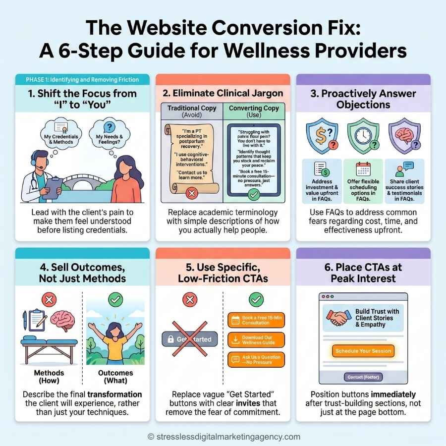 Infographic titled The Website Conversion Fix: A 6-Step Guide for Wellness Providers, revealing why my website copy isn't converting and outlining steps with icons: client focus, simple language, FAQs, outcome focus, clear CTAs, and peak interest CTAs. | stresslessdigitalmarketingagency.com