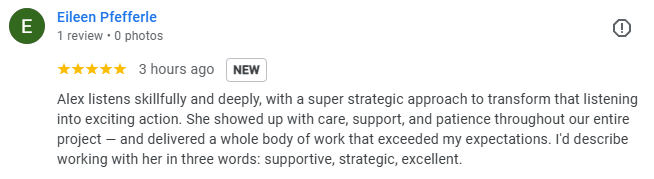 A Google review by Eileen Pfefferle, rating 5 stars, praising Alex for skillful listening, strategic action, and exceeding expectations. Eileen describes Alex as supportive, strategic, and excellent. | stresslessdigitalmarketingagency.com