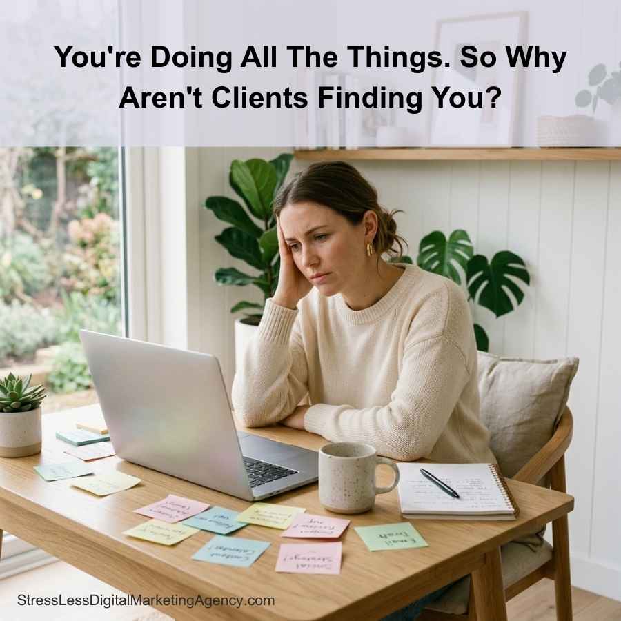 A woman sits at a desk with a laptop, coffee, and colorful sticky notes, looking stressed. Text above reads, Youre Doing All The Things. So Why Arent Clients Finding You?. | stresslessdigitalmarketingagency.com