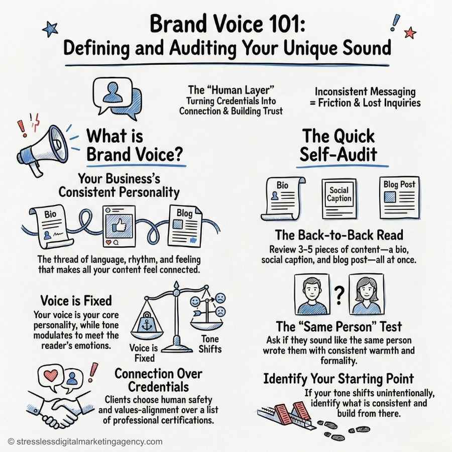 Infographic titled Brand Voice 101, explaining brand voice for service providers as a business’s consistent personality. It details steps for a quick self-audit and highlights the importance of consistency, tone, and audience connection. | stresslessdigitalmarketingagency.com