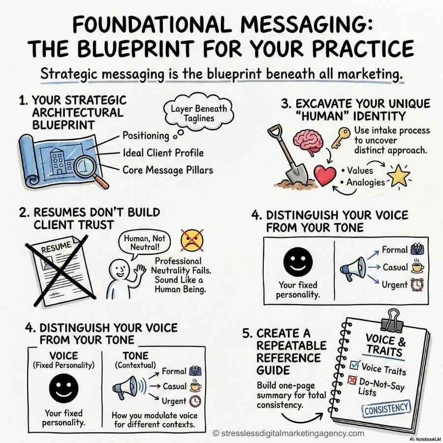 An illustrated infographic titled Foundational Messaging: The Blueprint for Your Practice lists five strategic tips on brand voice for service providers, with icons and brief explanations under each step. | stresslessdigitalmarketingagency.com