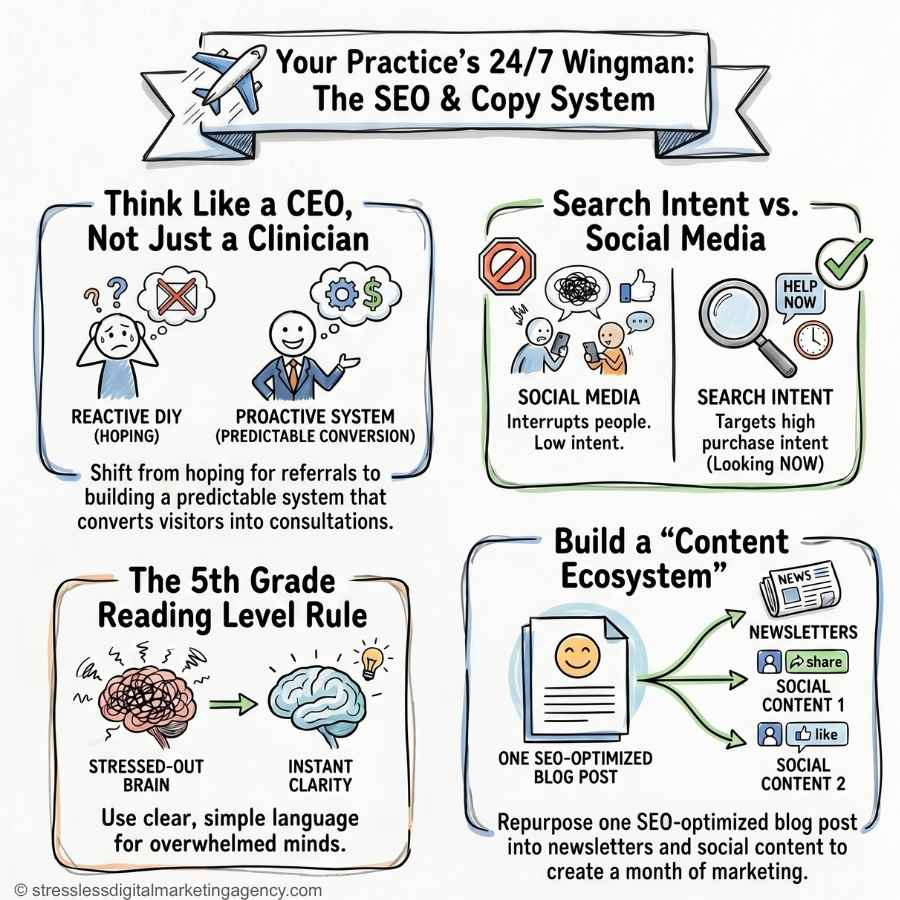 Infographic on SEO & copywriting for medical practices and marketing for private practice—features tips: think like a CEO, understand search vs. social intent, use 5th-grade clarity, and build a content ecosystem with blogs and newsletters. | stresslessdigitalmarketingagency.com
