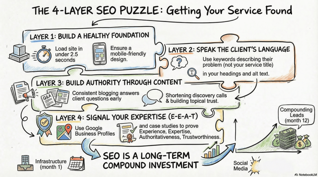 An illustrated guide titled The 4-Layer SEO Puzzle: Getting Your Service Found shows four SEO for service providers steps: build a healthy foundation, speak the clients language, build authority with content, and signal expertise, with icons and brief tips for each. | stresslessdigitalmarketingagency.com