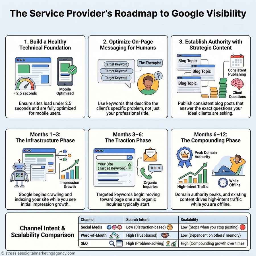 Infographic titled “The Service Provider’s Roadmap to Google Visibility” serves as a service provider SEO guide, outlining 6 steps with icons—technical foundation, on-page messaging, authority, infrastructure, traction, compounding phase—and a scalability chart. | stresslessdigitalmarketingagency.com