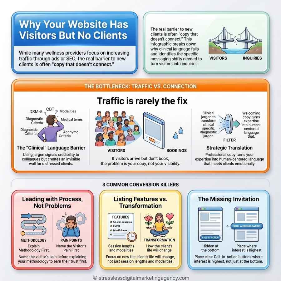 Infographic explaining why am I not getting clients even though people visit my website, highlighting clinical language barriers, traffic vs. connection, common conversion killers, and the importance of connecting with potential clients. | stresslessdigitalmarketingagency.com