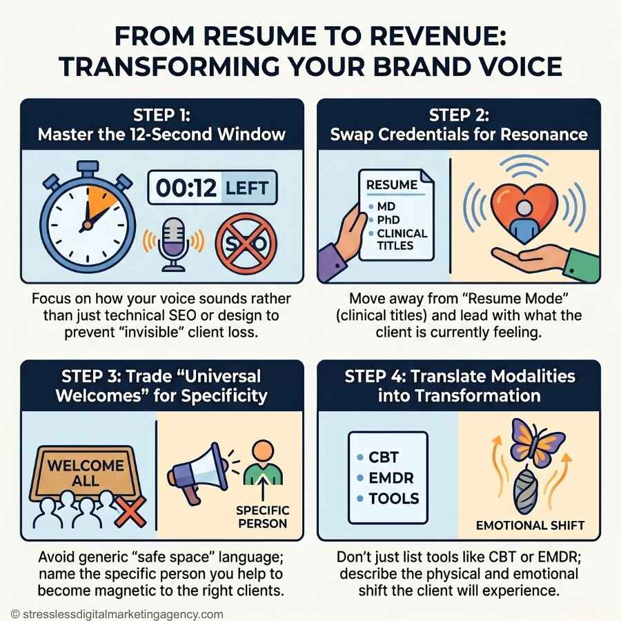 Infographic titled “From Resume to Revenue: Transforming Your Brand Voice” outlines four steps for improving client communication, highlighting icons and emphasizing the importance of tone of voice in branding throughout the process. | stresslessdigitalmarketingagency.com