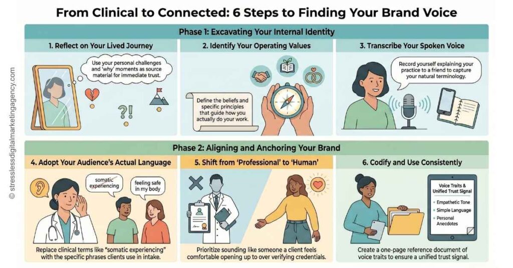An illustrated infographic titled From Clinical to Connected: 6 Steps to Finding Your Brand Voice visually explains developing a brand voice, featuring icons, people, and brief step descriptions. | stresslessdigitalmarketingagency.com