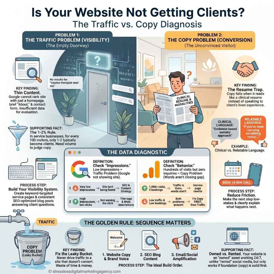 An infographic compares website not getting clients vs. copy problems, using illustrated scenes: an empty doorway for traffic and a reader with a resume for copy. It lists key findings, supporting facts, data diagnostics, and solutions for each issue. | stresslessdigitalmarketingagency.com