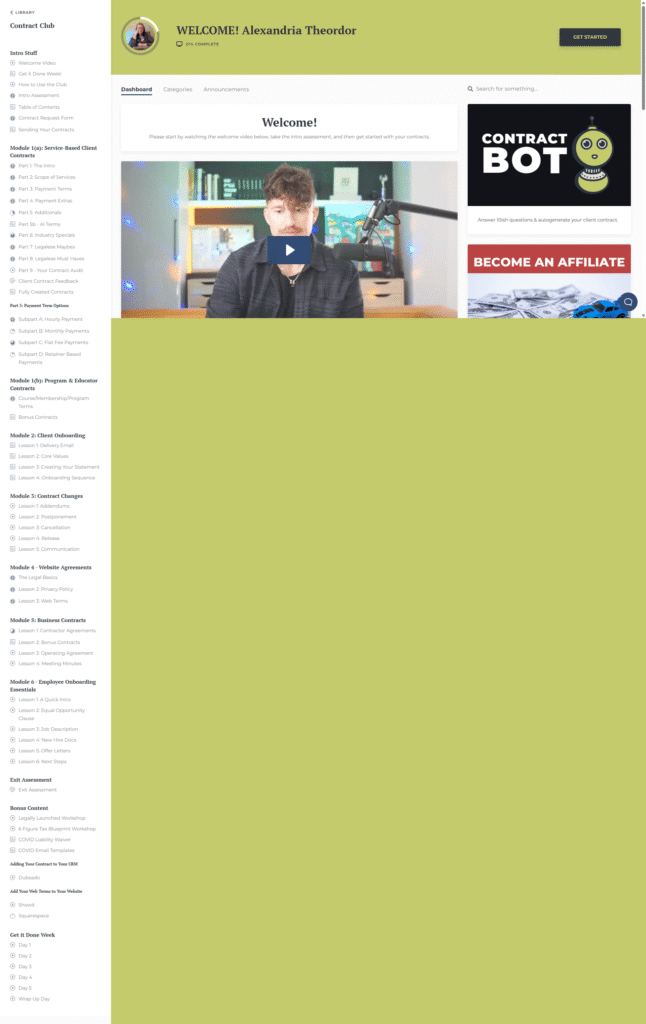Screenshot of an online course dashboard titled “WELCOME! Alexandria Theordor” with a welcome video in the center, a sidebar of course modules on the left, and ads for Contract Club and CONTRACT BOT demos on the right. | stresslessdigitalmarketingagency.com
