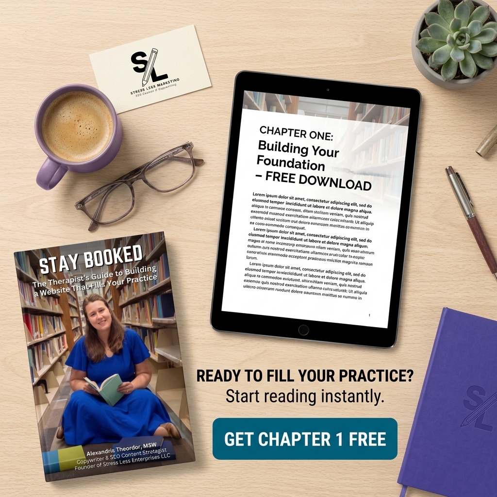 A book, coffee, pen, glasses, notepad, and tablet displaying Building Your Foundation—Free Download are on a desk, with text offering a free chapter of Stay Booked and a button: Get Chapter 1 Free. Perfect for therapists in 2027 looking to master marketing for therapists and start filling your practice with ease. | stresslessdigitalmarketingagency.com